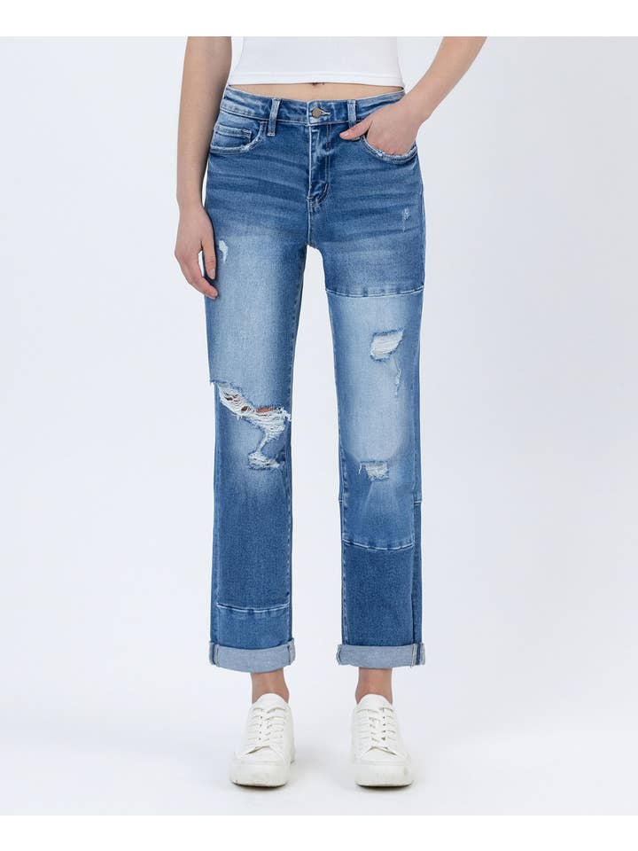 DILIGENT HIGH RISE COLOR BLOCK CUFFED BOYFRIEND JEANS F4612 for wholesale on Faire