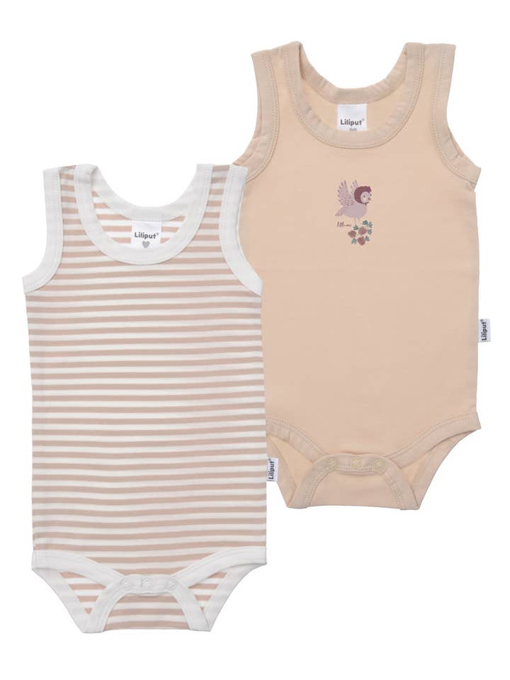 2-pack of sleeveless bodysuits in beige and striped with owl print for wholesale by Liliput