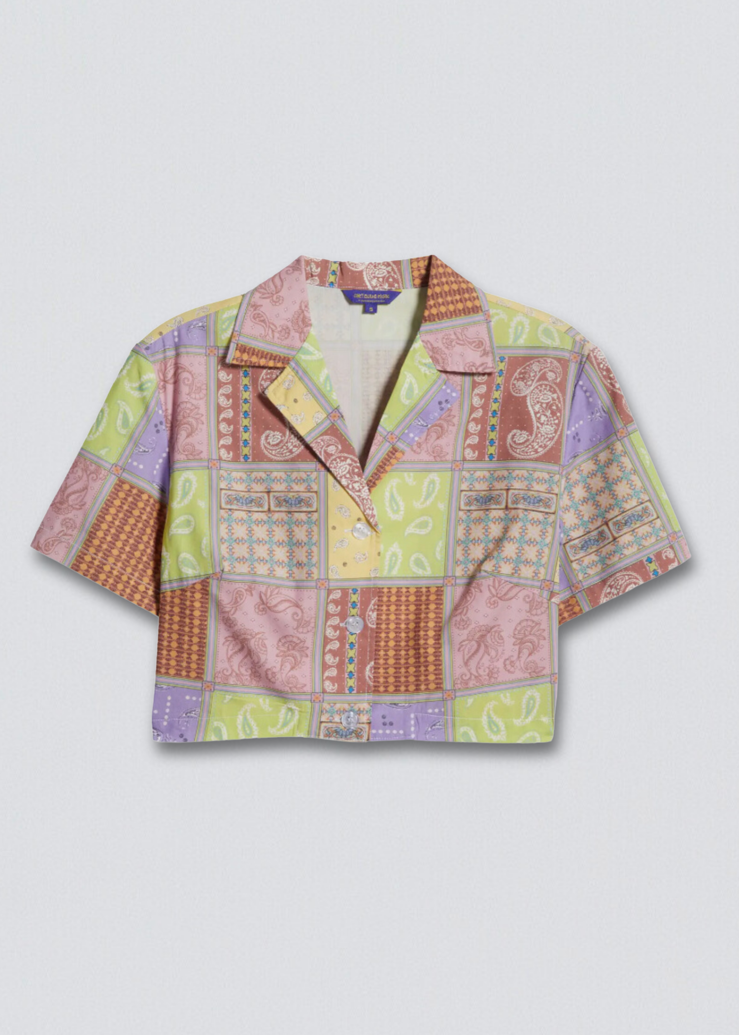 Y2K Patchwork Print Crop Camp Shirt for wholesale on Faire0