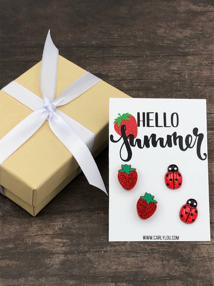 Hello Summer Strawberry & Ladybug Earring Set for wholesale by Carly Lou