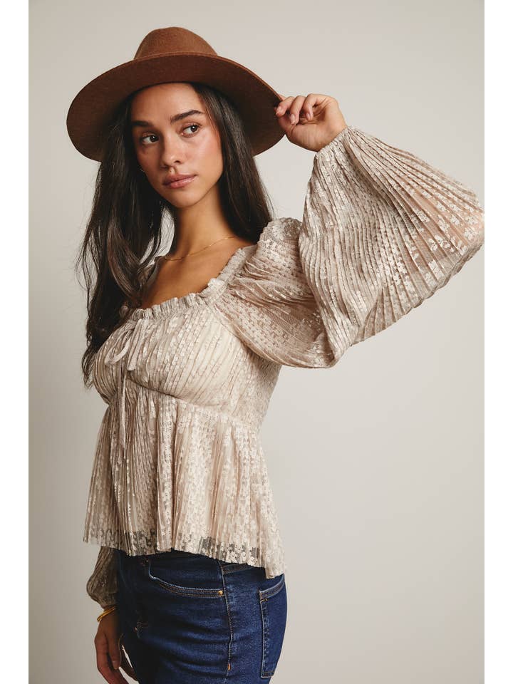 Forte - Wholesale Blouse – Women’s - Pleated Lace Peplum Blouse FT000115