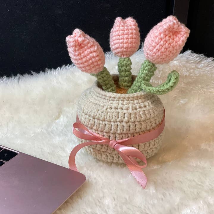 Crochet Tulip Flower Plant Pot Ornament | Home Office Decor for wholesale by TMLECOM LTD