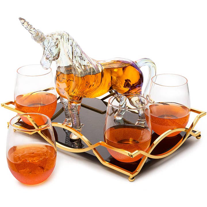The Wine Savant / Khen Glassware - Wholesale Decanter - Iridescent Unicorn Whiskey Decanter Set 750ml & 4 Glasses2