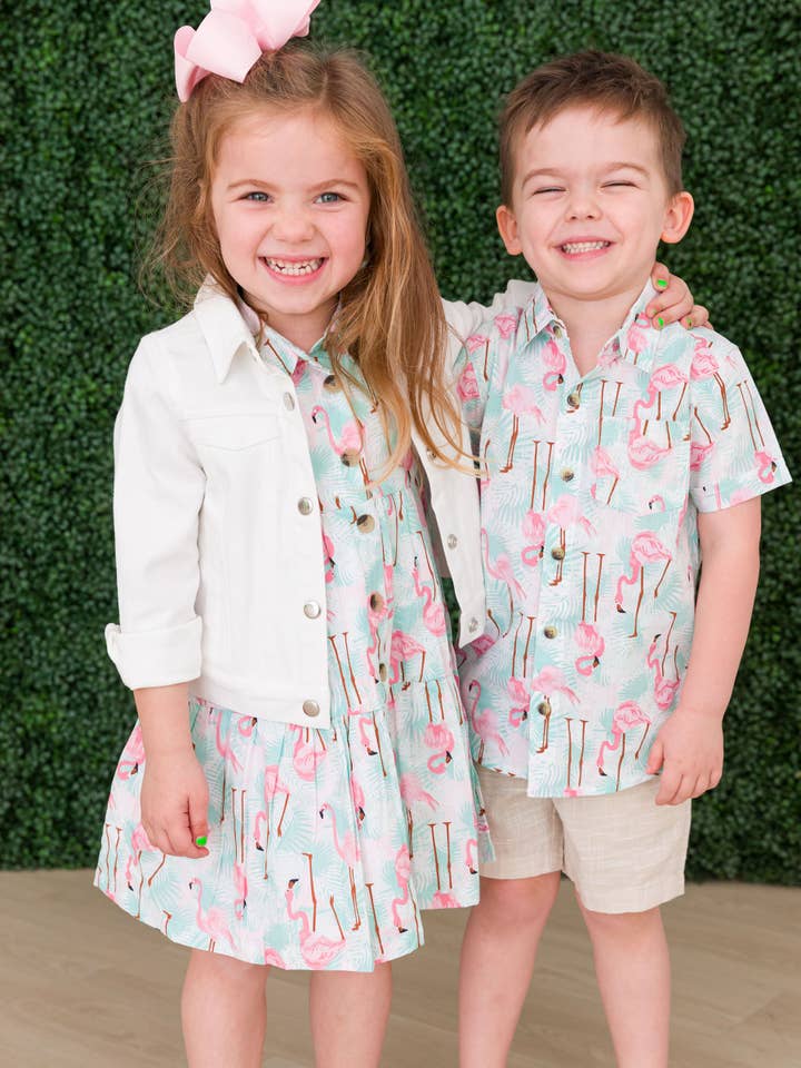 Multi Color Boys Vibrant Flamingo Short Sleeve Button Down Shirt for wholesale on Faire