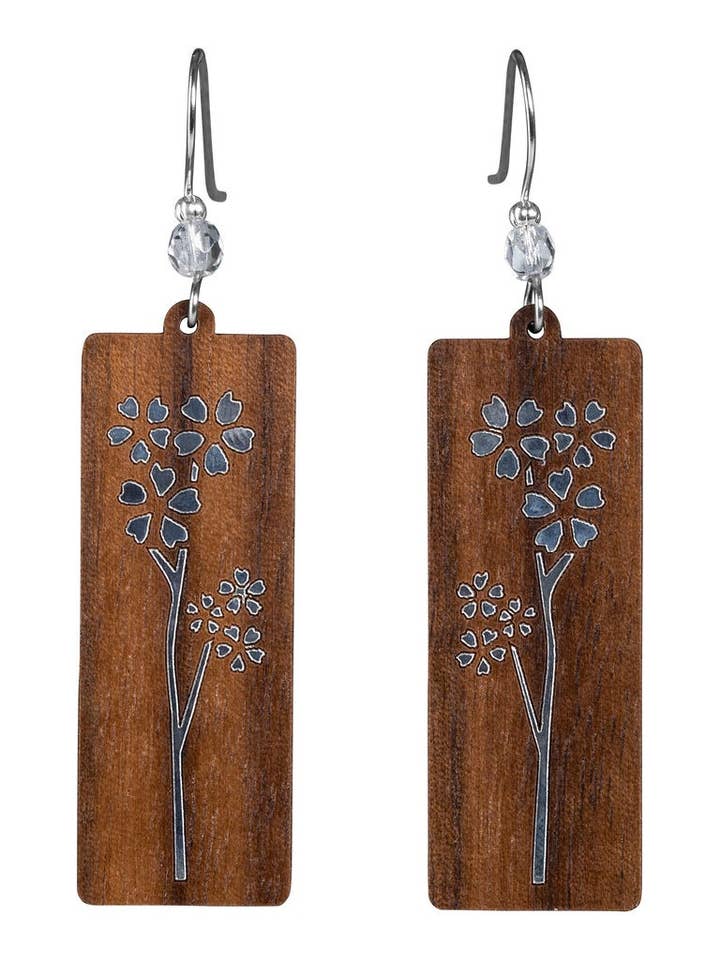 Cherry Blossom Rectangle Twig Earring With Crystal Bead for wholesale by Woodcutts Inc.