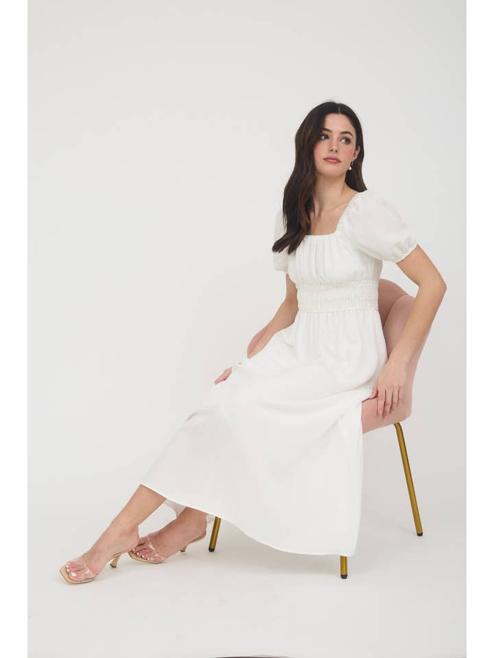 MINE – wholesale Dress – Women's – SOLID SMOCKED WAIST BALLOON SLEEVE MIDI DRESS