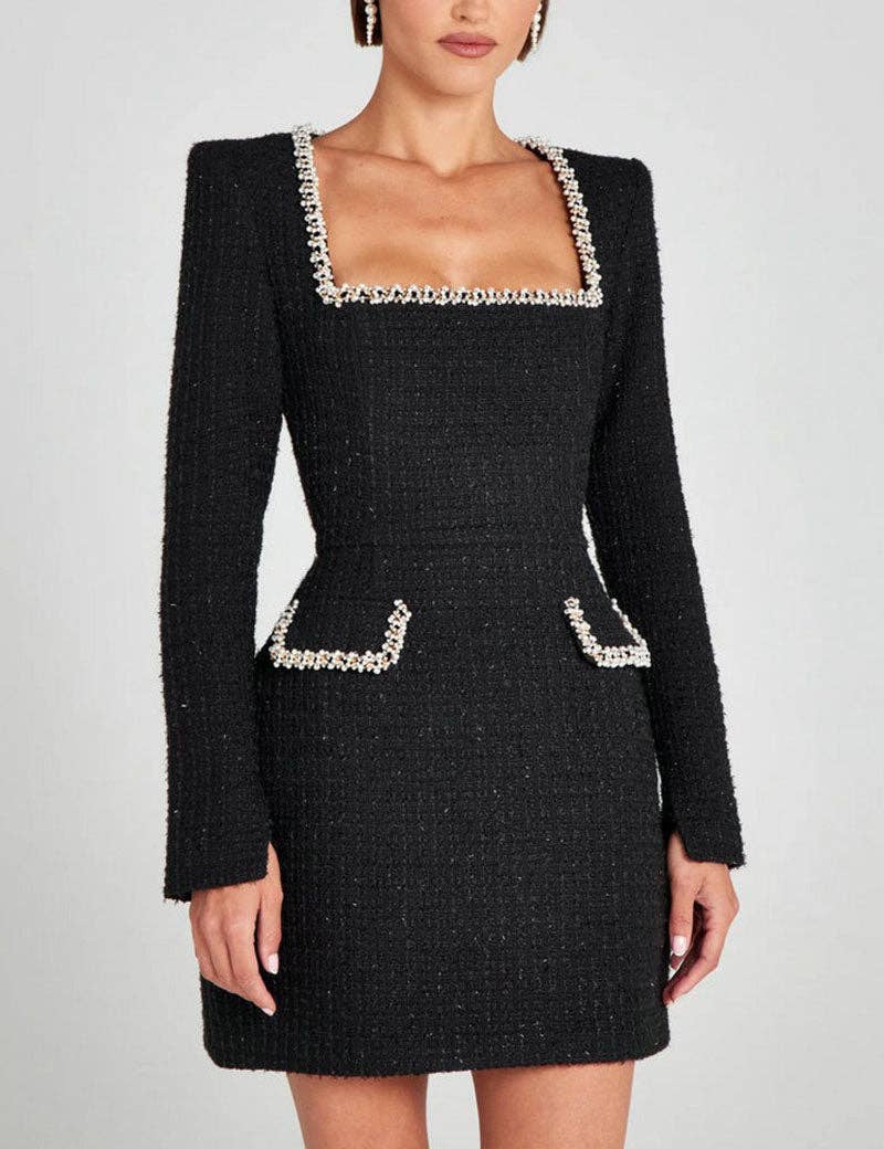 Dipped Shop – wholesale Dress – Women's – U-Neck Elegant Pearl Tweed Mini Dress DP25E6746