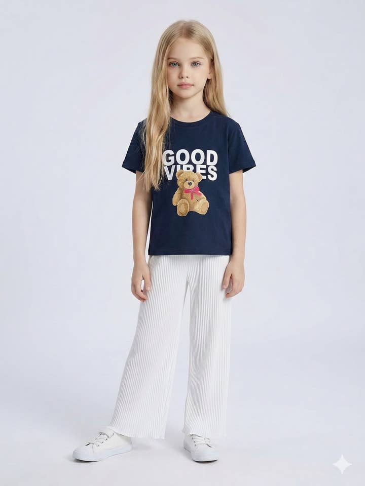 Set van bedrukt katoenen t-shirt en geplooide broek voor meisjes voor wholesale door MINI MIGNON PARIS