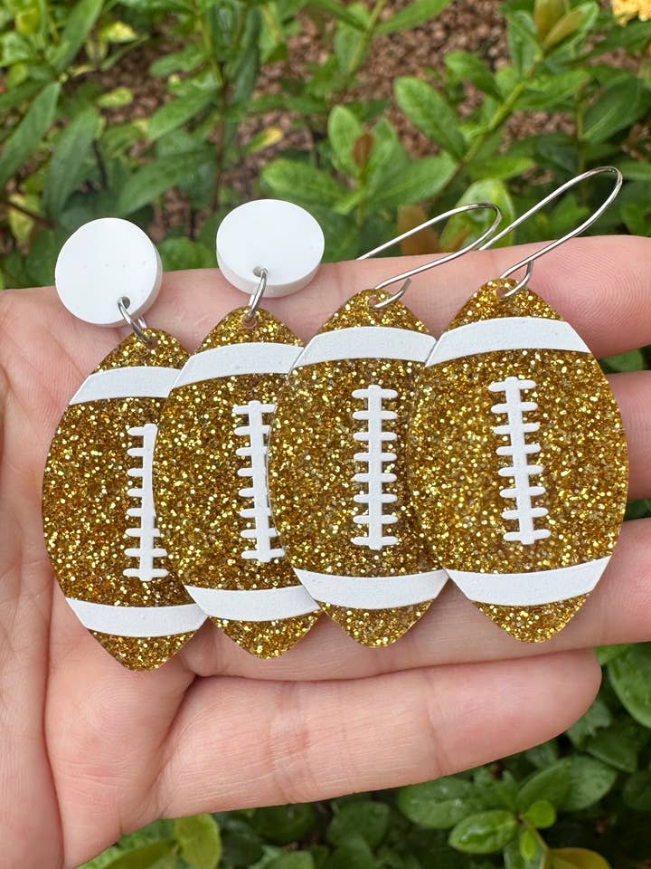 Gold Glitter Football Earrings, Game Day Earrings for wholesale by Laser & Color Designs LLC