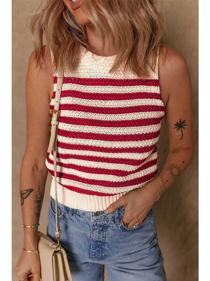 Red Stripe LDC Textured Knit Ribbed Hem Sweater Tank Top for wholesale on Faire