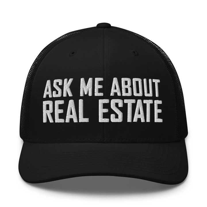 Ask Me About Real Estate Embroidered Trucker Hat | White Thread for wholesale by CRE PYT
