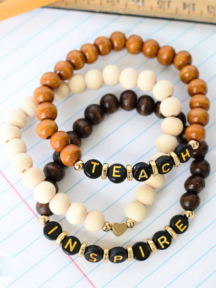 TEACH INSPIRE Word Bead Bracelet Set – Teacher Thanks Gift for wholesale by Two and Crew - Faith Based Jewelry & Gifts