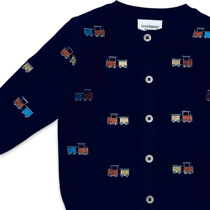 Navy Blue Train Embroidered Button Cardigan Baby Sweater (Organic) for wholesale on Faire