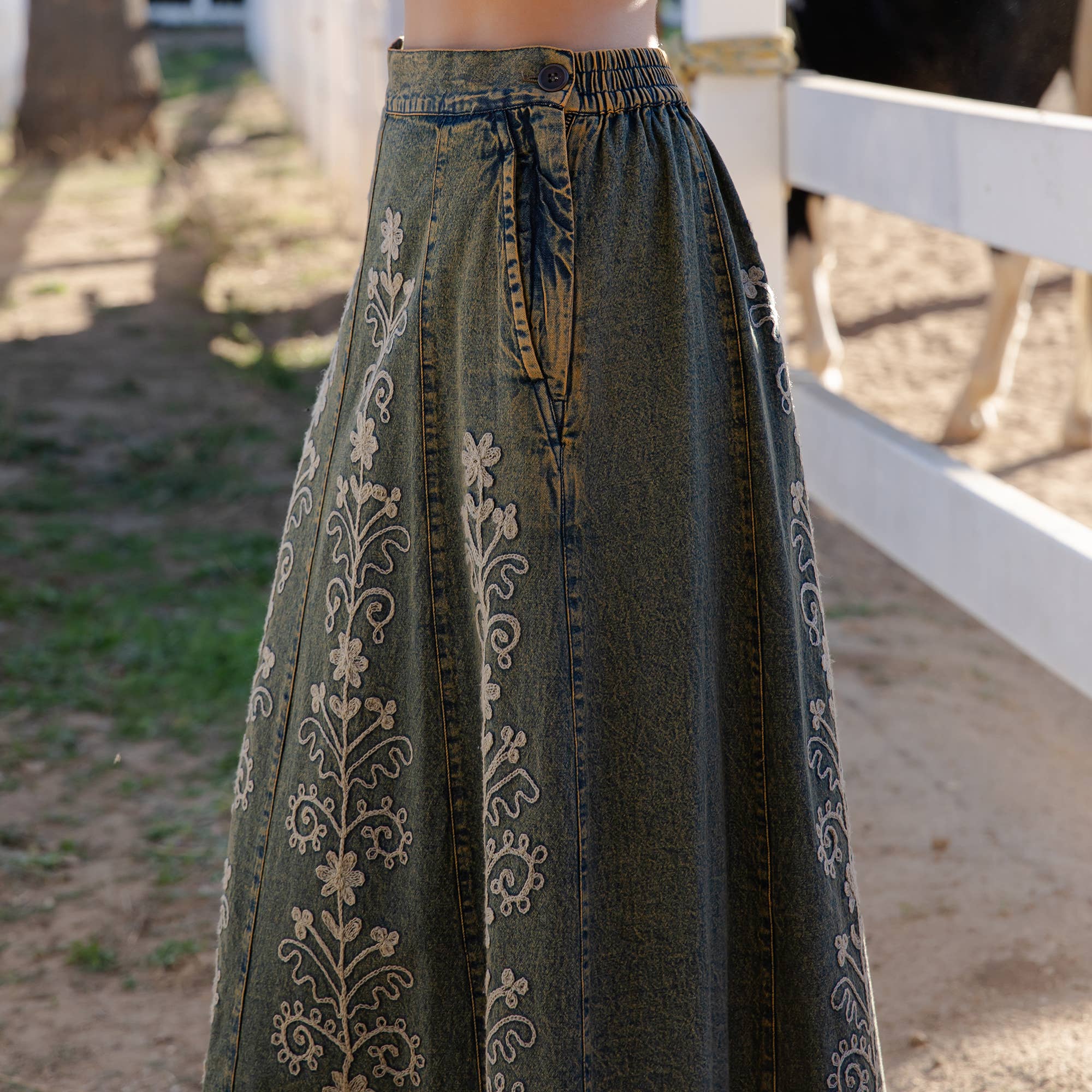 Young Threads - Wholesale Skirt - Women's - Artisan Floral Embroidered Denim Maxi Skirt (NEW)8