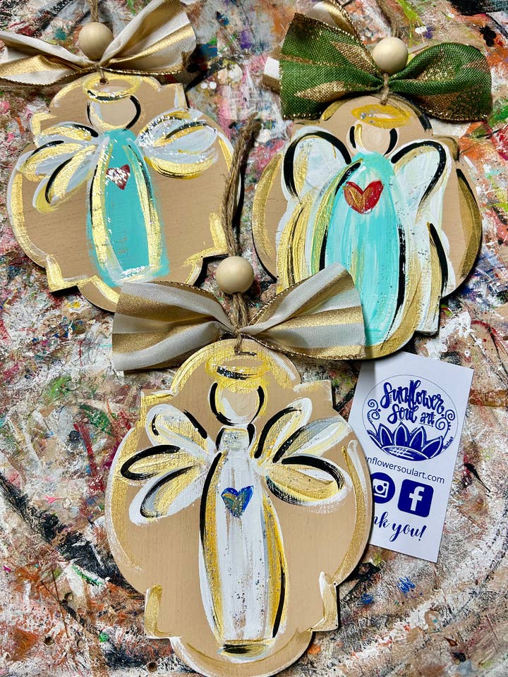 Hand Painted Angel Ornaments with gold accents 5 inches for wholesale by Sunflower Soul Art