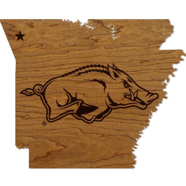 University of Arkansas Razorback on State Wall Hanging – Crafted from Cherry and Maple Wood - Arkansas Razorbacks for wholesale by LazerEdge