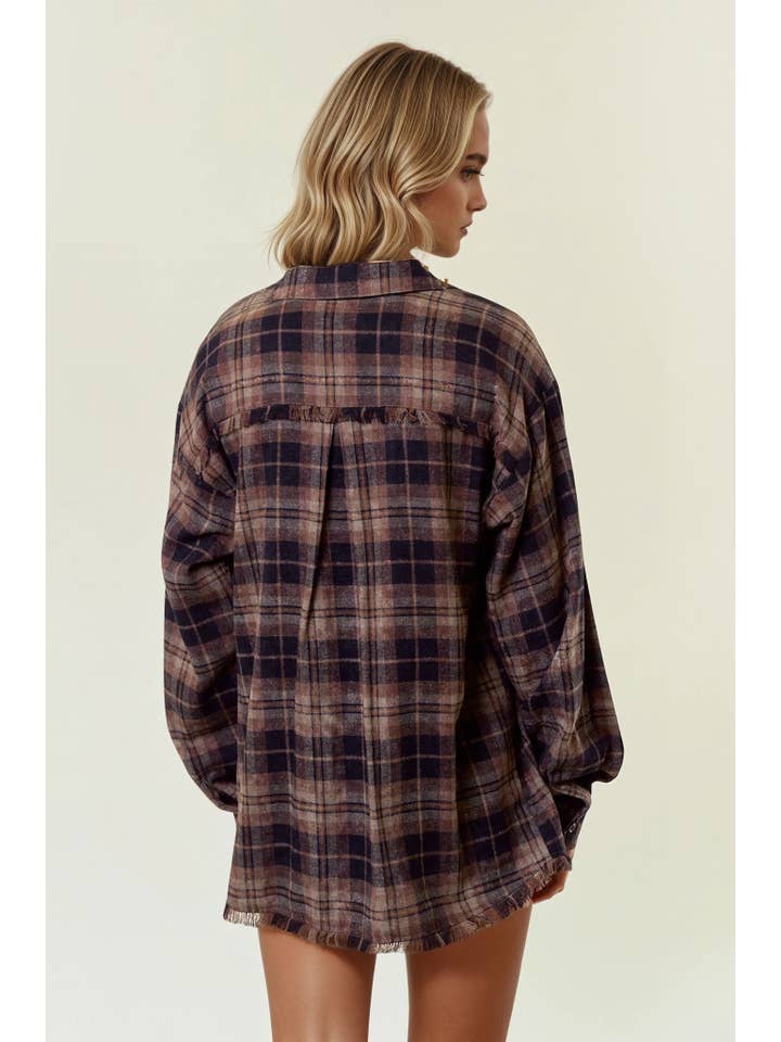 Doe and Rae - Wholesale Button Down Shirt - Women's - Plaid Flannel Shirt W/ Frayed Detail - 44703T3