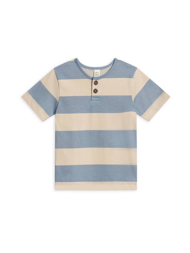 Colored Organics - Wholesale T-Shirt - Kids - Organic Reef Short Sleeve Henley - Marco Stripe / Rain + Oat