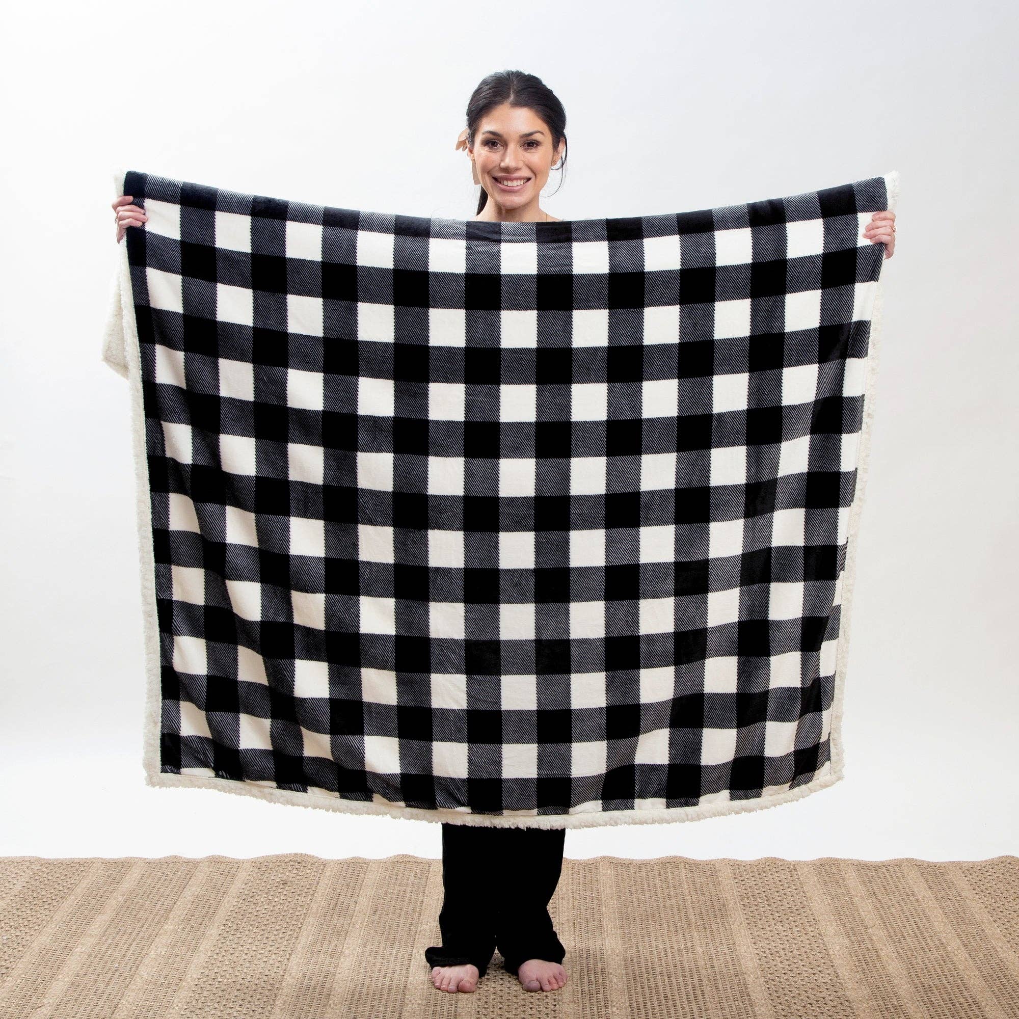 Carstens, Inc. - Wholesale Throw Blanket - Black & White Lumberjack Plaid Plush Sherpa Throw1