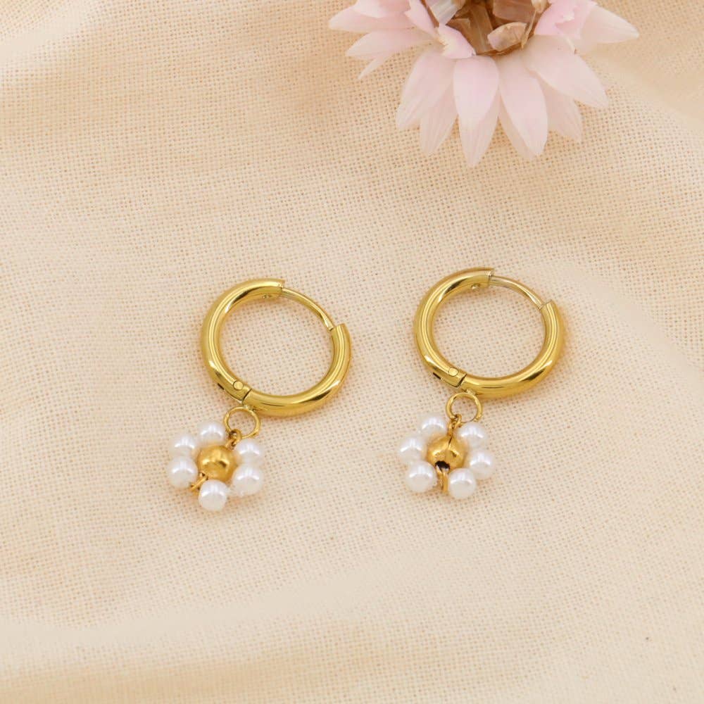 White Mini hoop earrings steel flowers beads faux pearl 0324171 for wholesale on Faire0