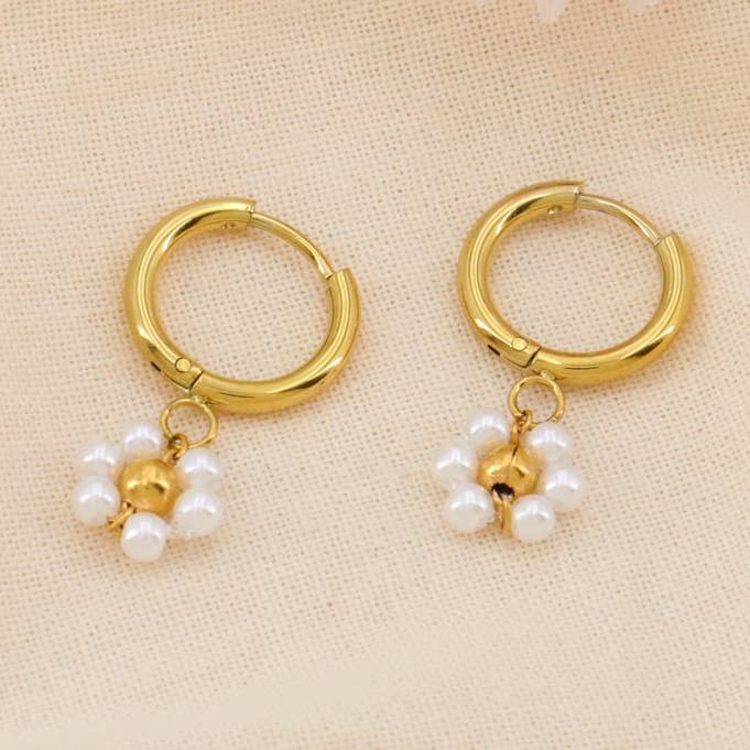 Mini hoop earrings steel flowers beads faux pearl 0324171 for wholesale by Lilas de Seine