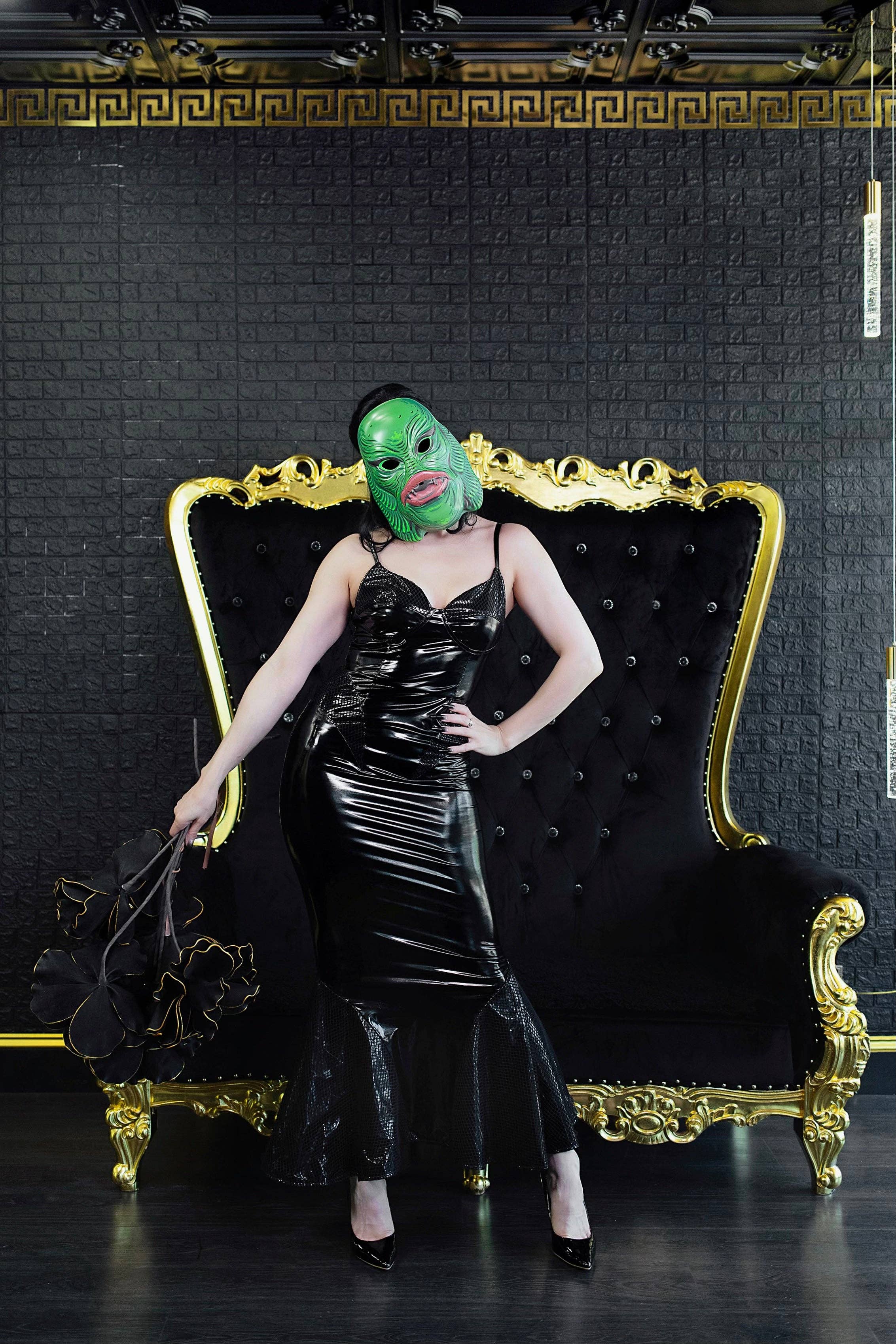 Weasel Wear - Wholesale Dress - Women's - Creature Vinyl Dress in Black - Black Vinyl Mermaid Gown with Fishnet Overlay & Structured Neckline (Dark Siren Edition)7