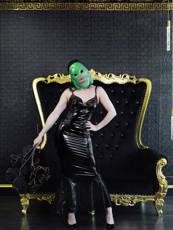 Weasel Wear - Wholesale Dress - Women's - Creature Vinyl Dress in Black - Black Vinyl Mermaid Gown with Fishnet Overlay & Structured Neckline (Dark Siren Edition)7