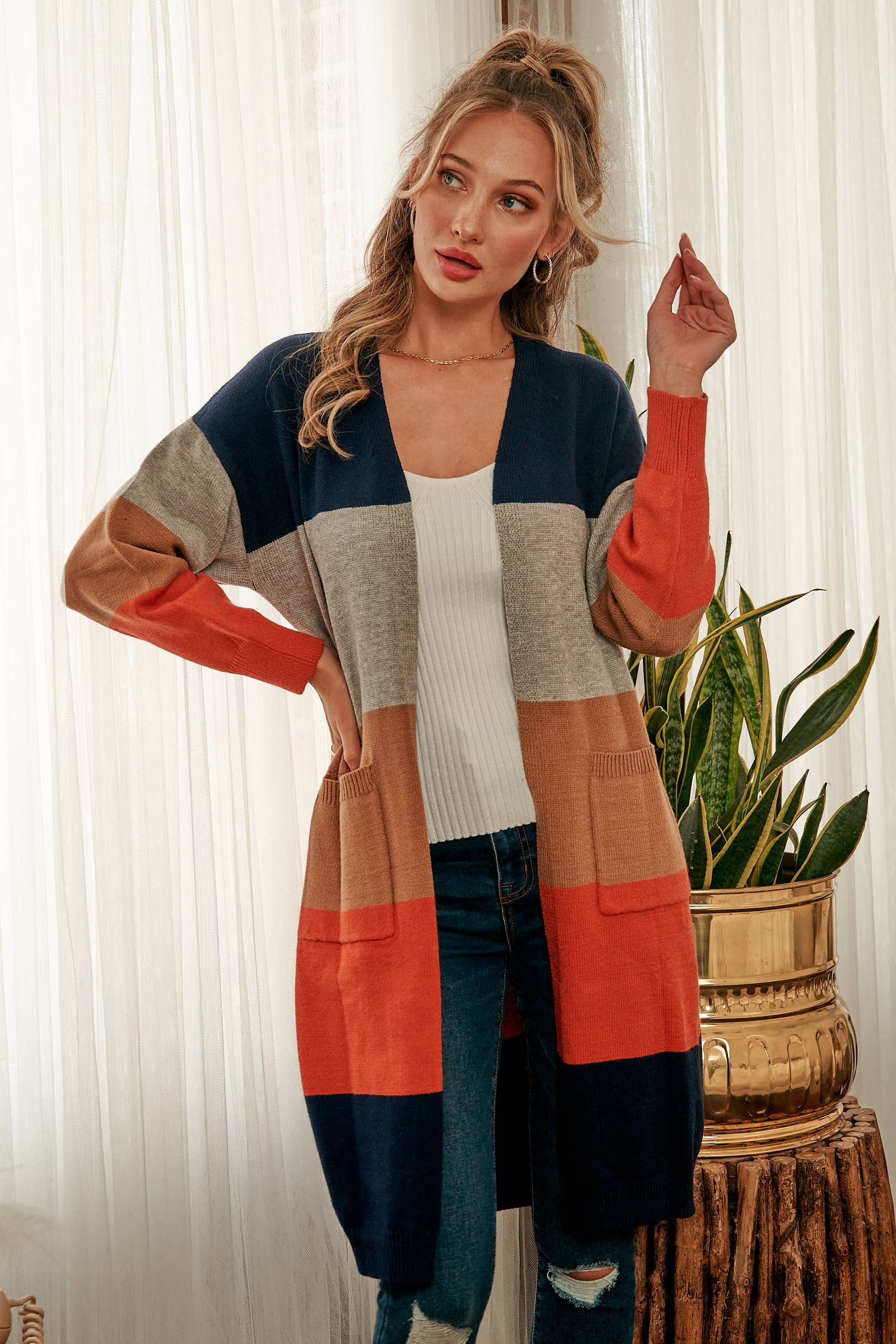 Nicabel - Wholesale Cardigan - Women's - Color-blocked midi-length sweater cardigan-SW60586