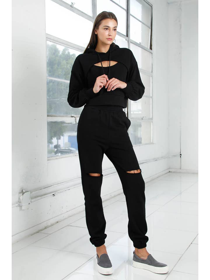 BLACK Solid Drawstring Pocket Detail Sweatshirt & Sweatpants for wholesale on Faire5