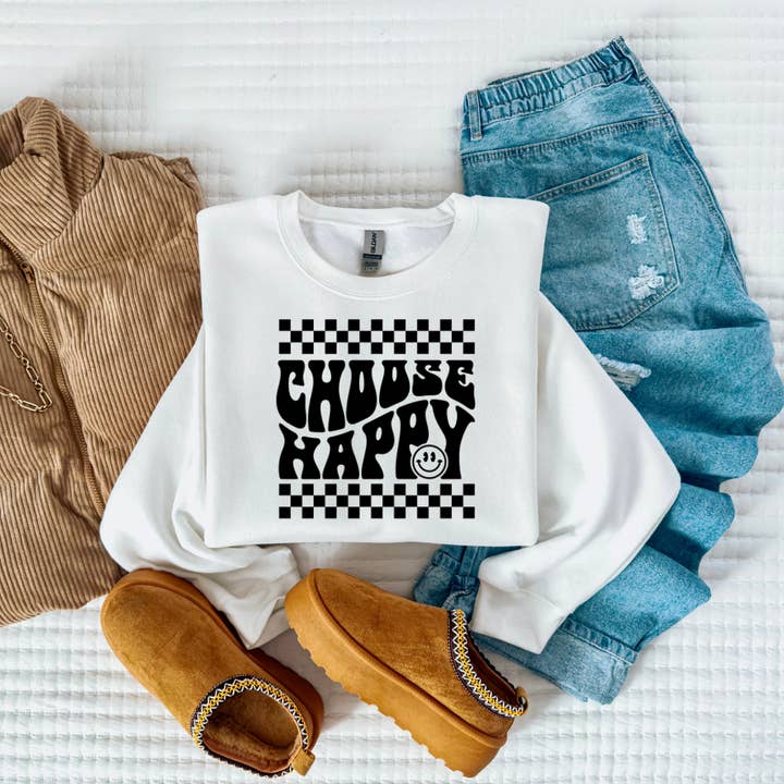 Choose Happy Checkered Retro Print Crewneck or Tee for wholesale by The Foxy Golden
