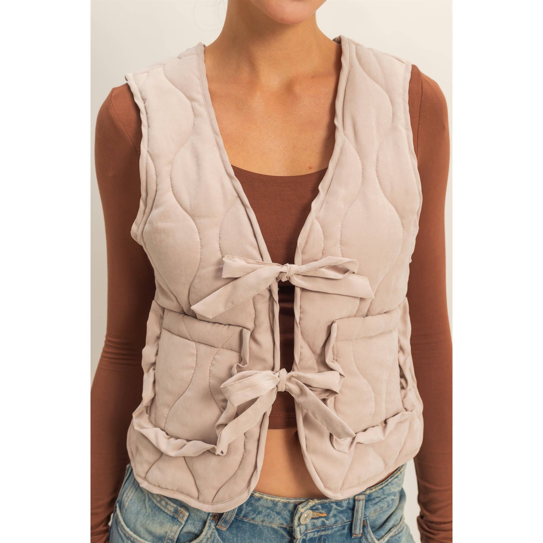 Double Zero - Wholesale Outerwear Vest - Women's - Quilted Vest With Tie-Front And Patch Pockets3