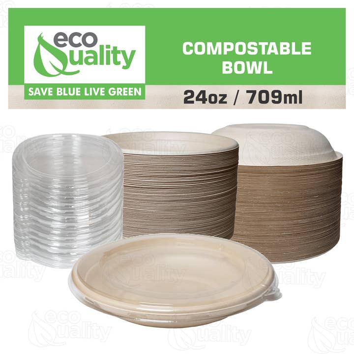 EcoQuality - Wholesale Disposable Plate - 24Oz Compostable Heavy Duty Disposable Bowls with Lids