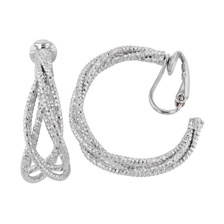 Silver Plated Interlocked 4 Strand Ribbed Hoop Clip Earrings for wholesale by Luxe on Main LLC