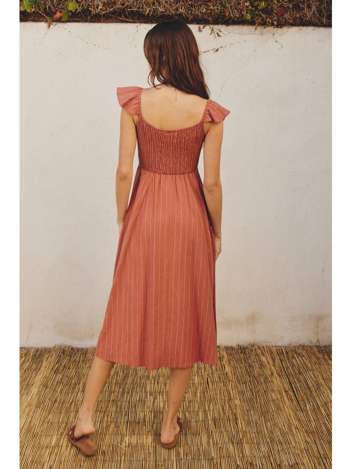 RUST WHITE FD2891X Pinstripe Flutter Sleeve Midi Dress for wholesale on Faire