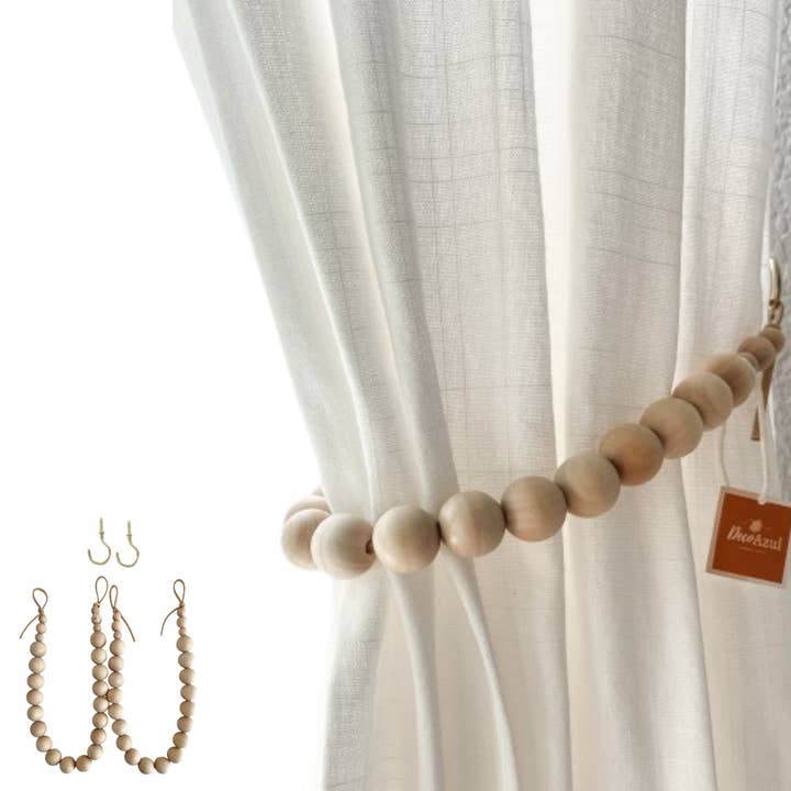 Wood bead curtain tiebacks, Boho curtain holdbacks (w/hooks) for wholesale by Deco Azul