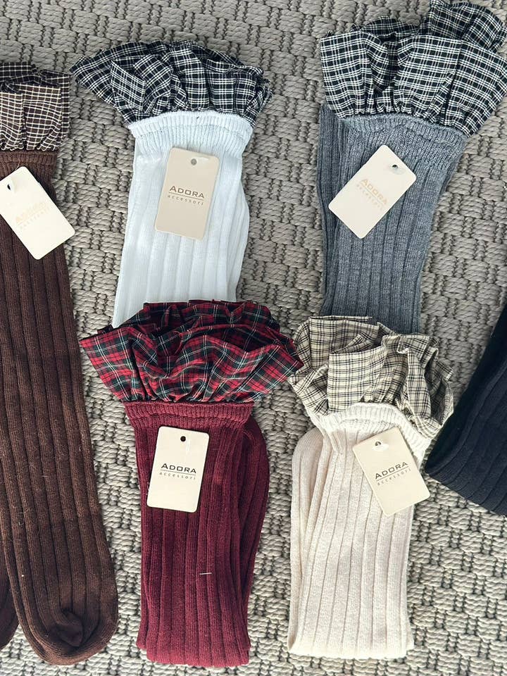 Long socks with ruffled edge in check pattern for wholesale by ADORA