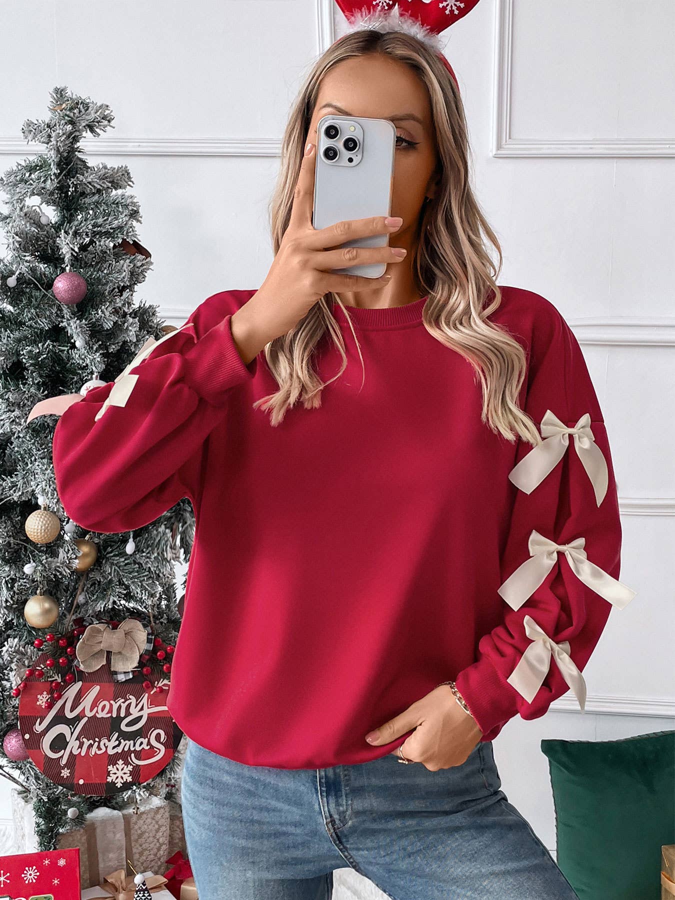RED Solid color round neck bow embellish lace pullover hoodie for wholesale on Faire3