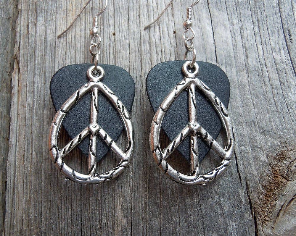 Simply Raevyn - Wholesale Dangle Earrings - Large Oval Peace Sign Charm Guitar Pick Earrings8