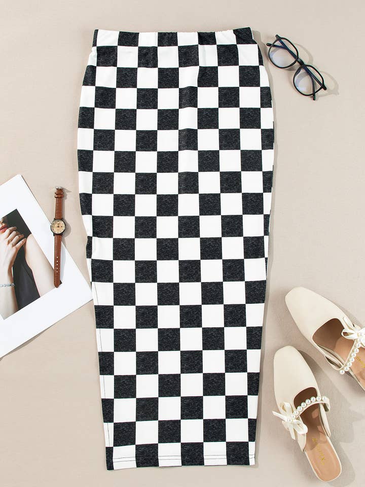 FULL TIME PURCHASE - Wholesale Skirt - Women's - Checkered Print Side Slit High Waist Midi Skirt8
