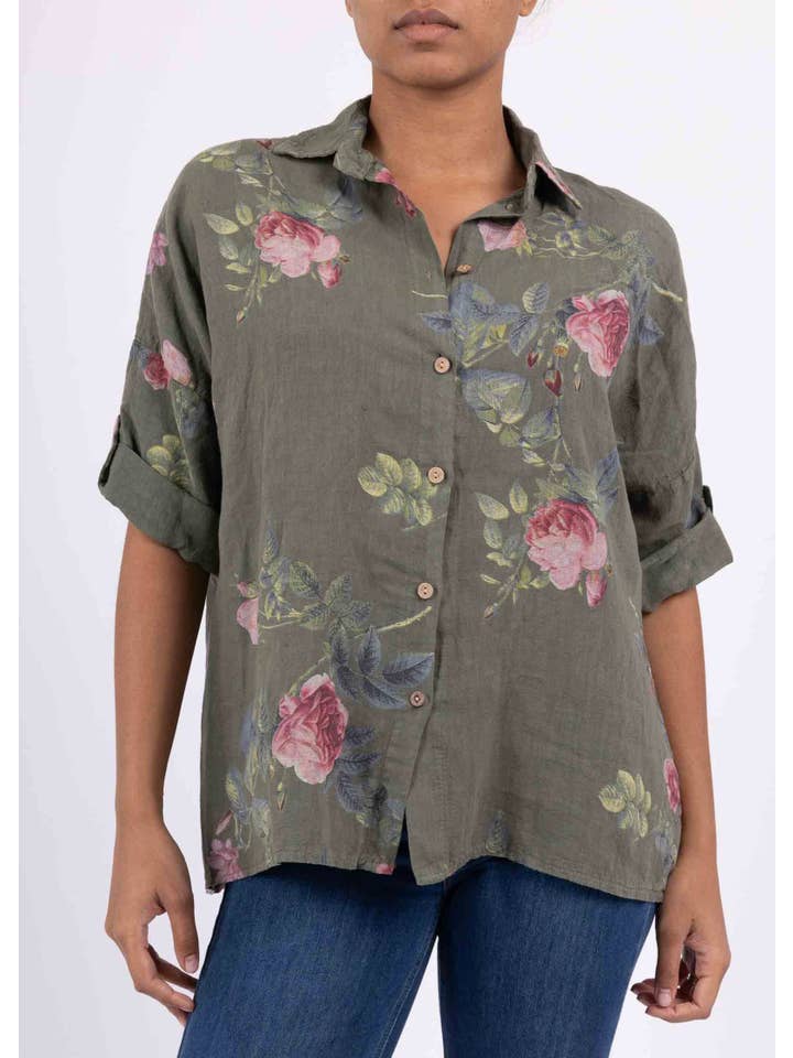 LINEN & COTTON HOUSE - Wholesale Button Down Shirt - Women's - TUNIC IN 100% LINEN 5235 FLOWERS