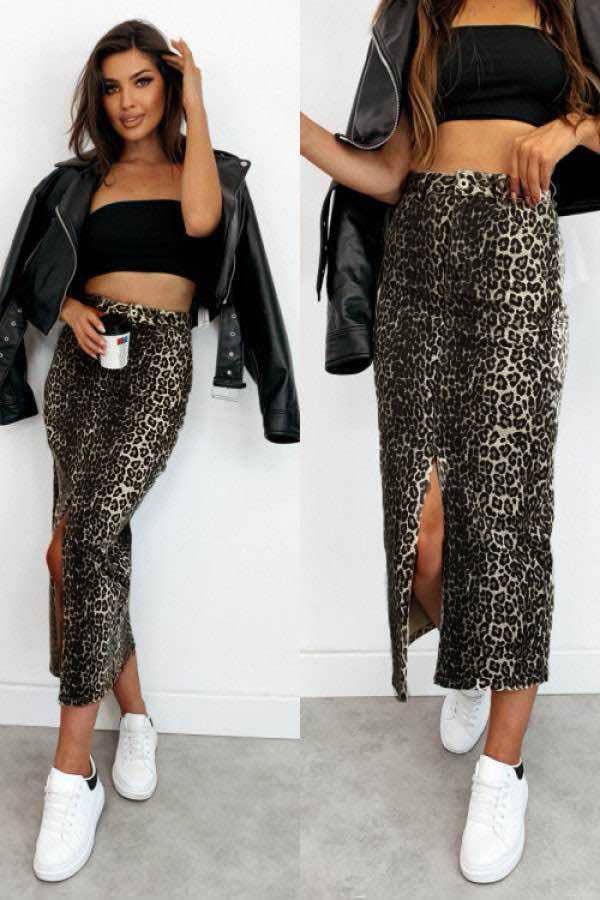 ESTEE BROWN – Engroshandel Nederdel - Dame – Lang nederdel med leopardprint og frontslids - A1270