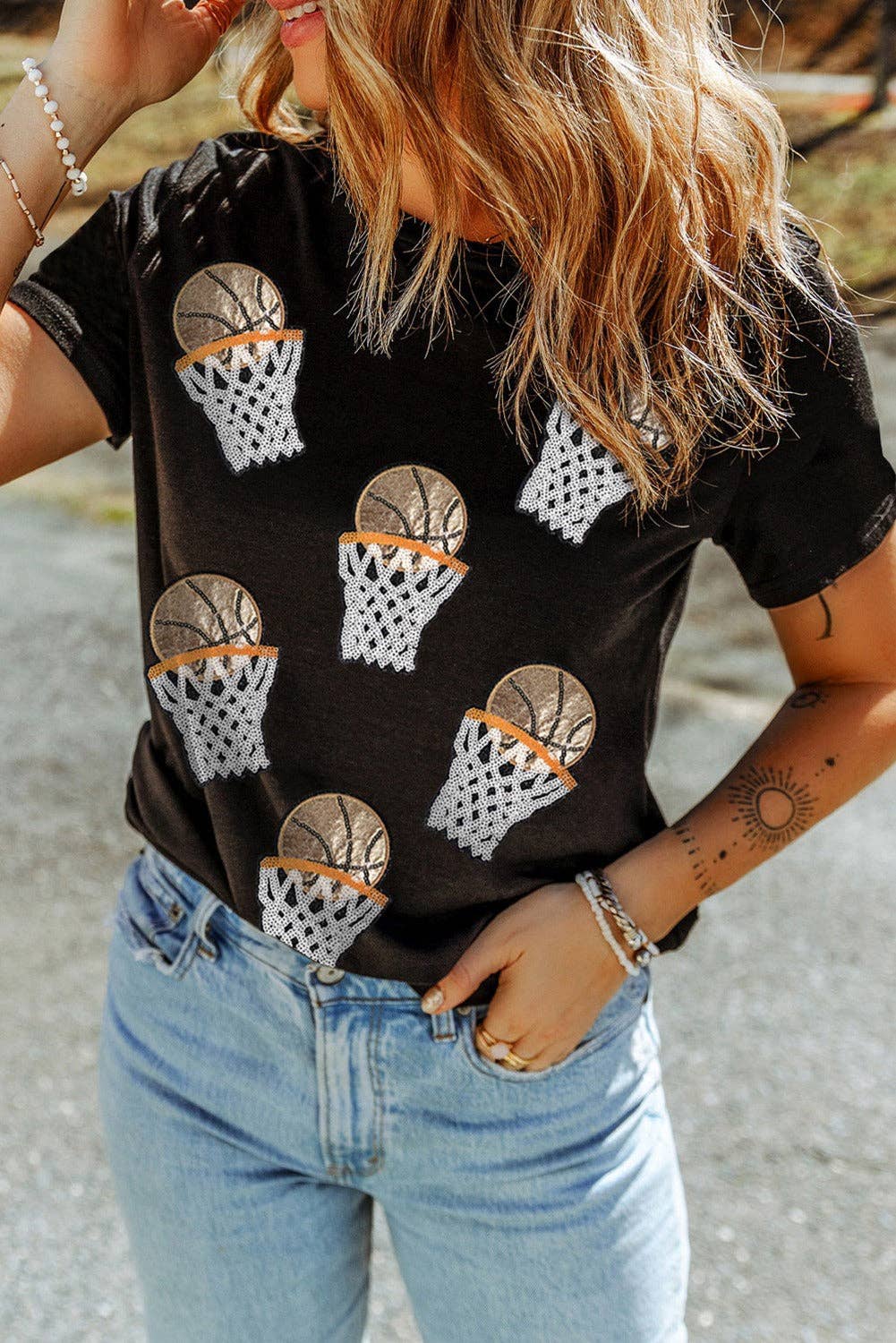 Black Sequin Basketball Patched Graphic Game Day T Shirt for wholesale on Faire0