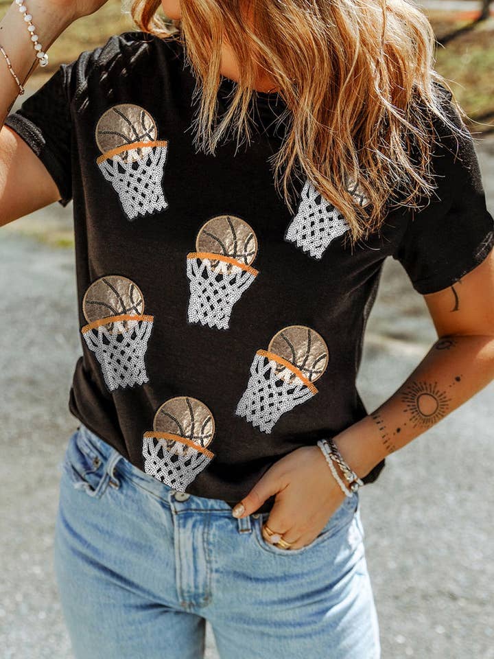 Black Sequin Basketball Patched Graphic Game Day T Shirt for wholesale on Faire