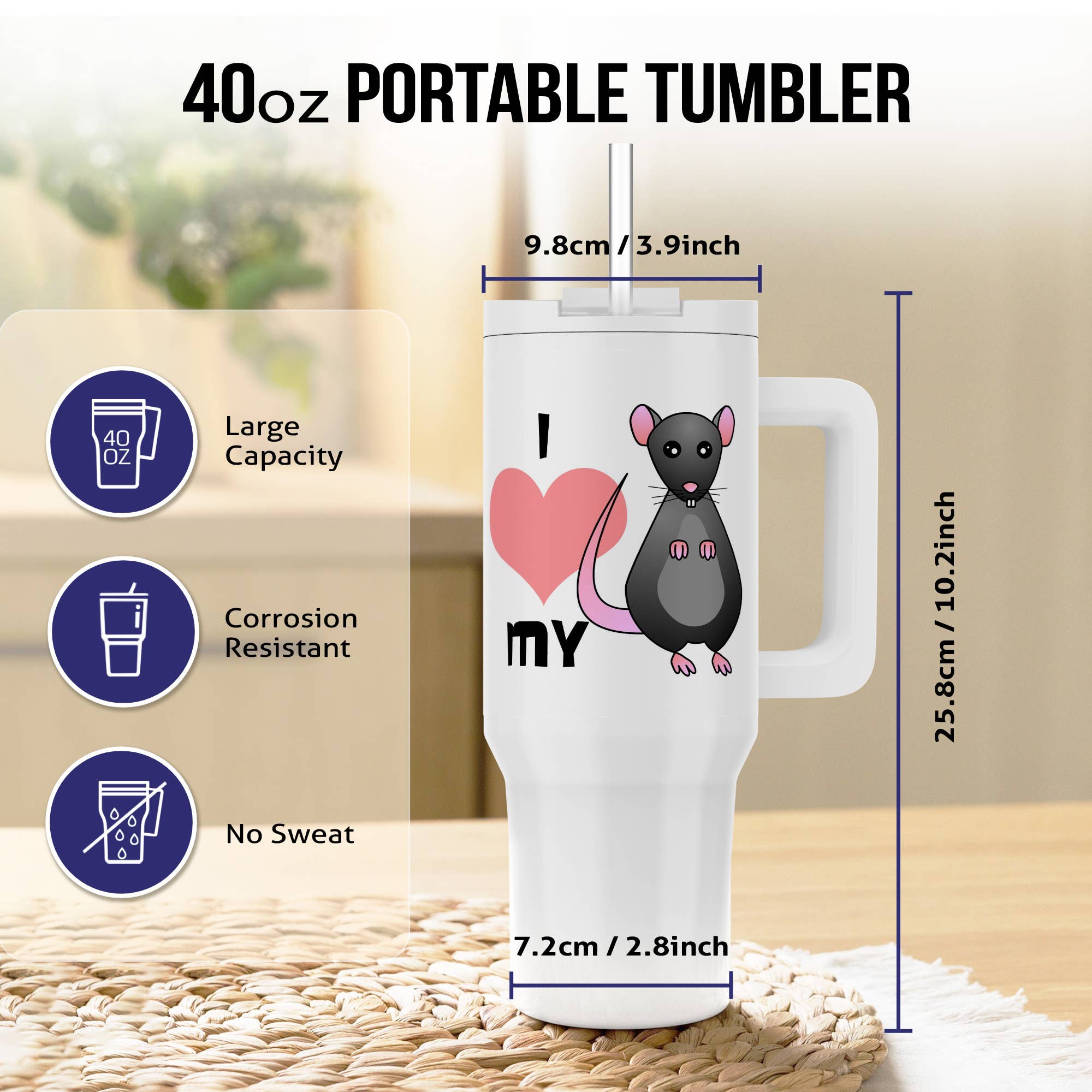 3dRose - Wholesale Insulated Mug/Tumbler - 3dRose, Love My Rat Grey, Tumbler6