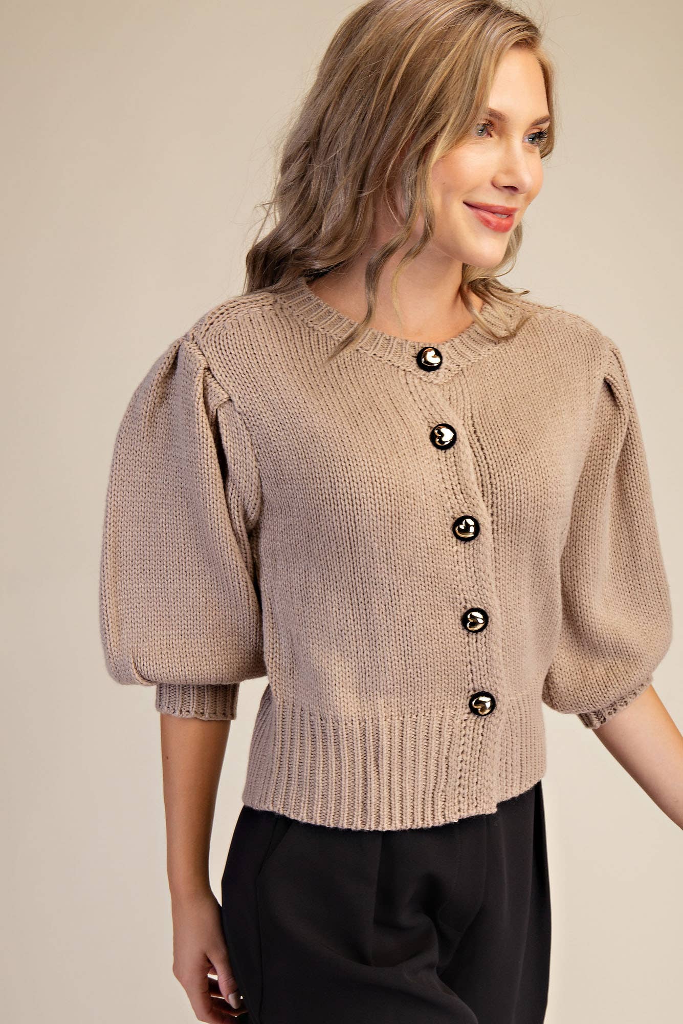 Glam - Wholesale Knit Sweater - Women's - Short Puff Sleeve Button Down Sweater16