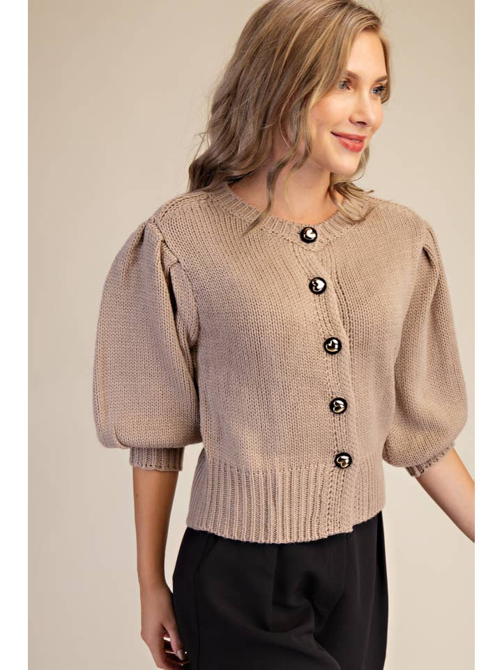 Glam - Wholesale Knit Sweater - Women's - Short Puff Sleeve Button Down Sweater16