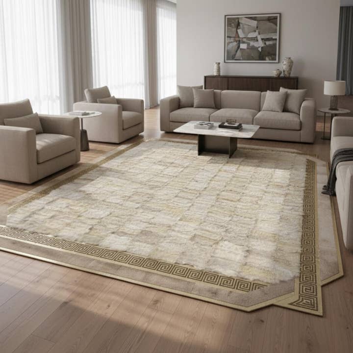 White Tuscan Fur Rug, Gold Geometric Border Carpet, Luxury Fluffy Area Rug, Cream and Gold Mat, Neoclassical Living Room Decor for wholesale by Karelias And Sons