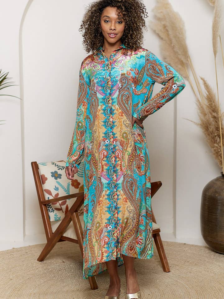 ANGELEYE – wholesale Dress – Women's – Luxurious Viscose Crepe Midi Shirt Dress in Premium Bohemian Orange Print5