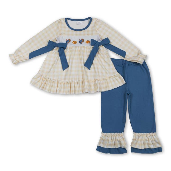 Plaid turkey pumpkin tunic pants girls Thanksgiving clothes for wholesale by Yawoo Garments