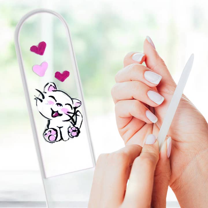 Lima de Unhas de Cristal Pintada à Mão com Gato Branco Kitty Kitten Coração por atacado de Classy Nail Files